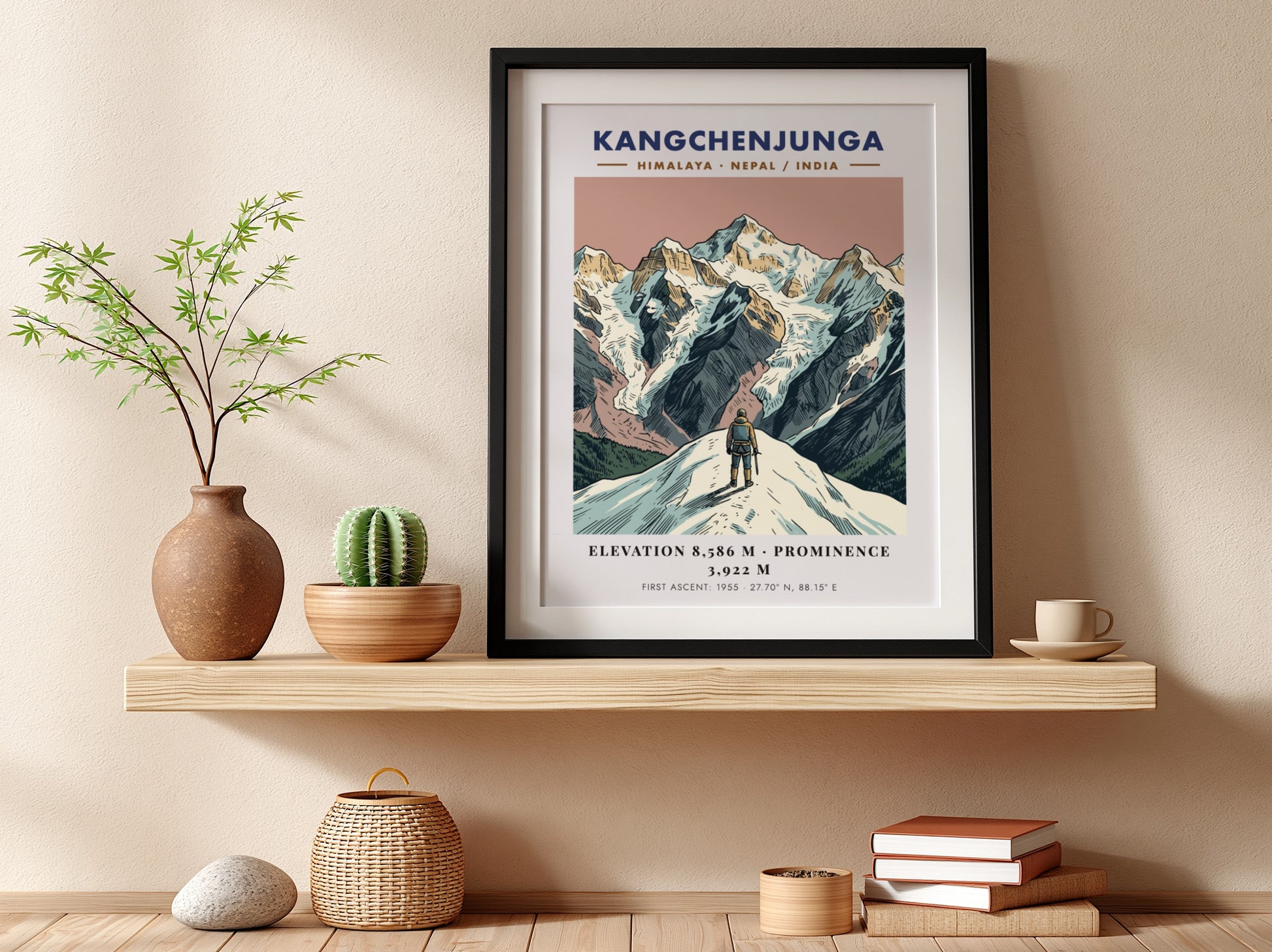 Poster of Kangchenjunga mountain featuring a climber looking at the peaks in Himalayas.