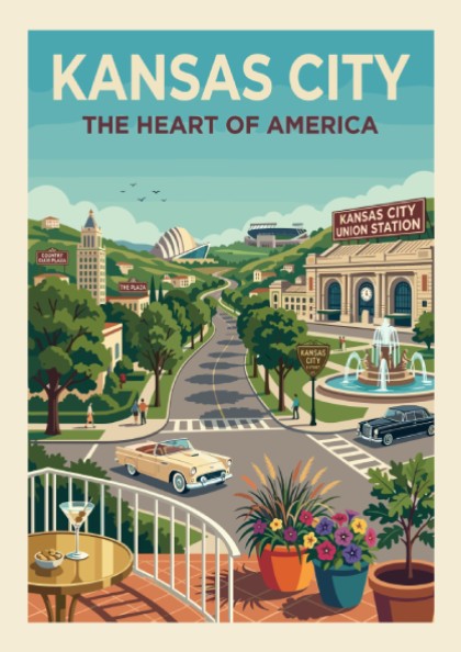 Vintage Kansas City skyline poster with retro cars, Union Station, and a fountain in a warm color palette.