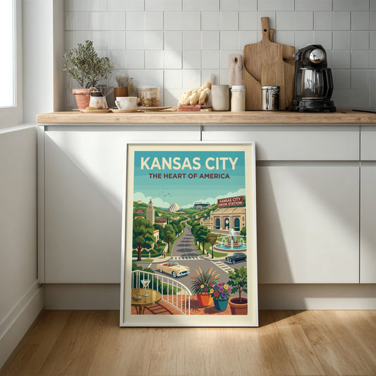 Vintage Kansas City skyline poster with retro cars, Union Station, and a fountain in a warm color palette.