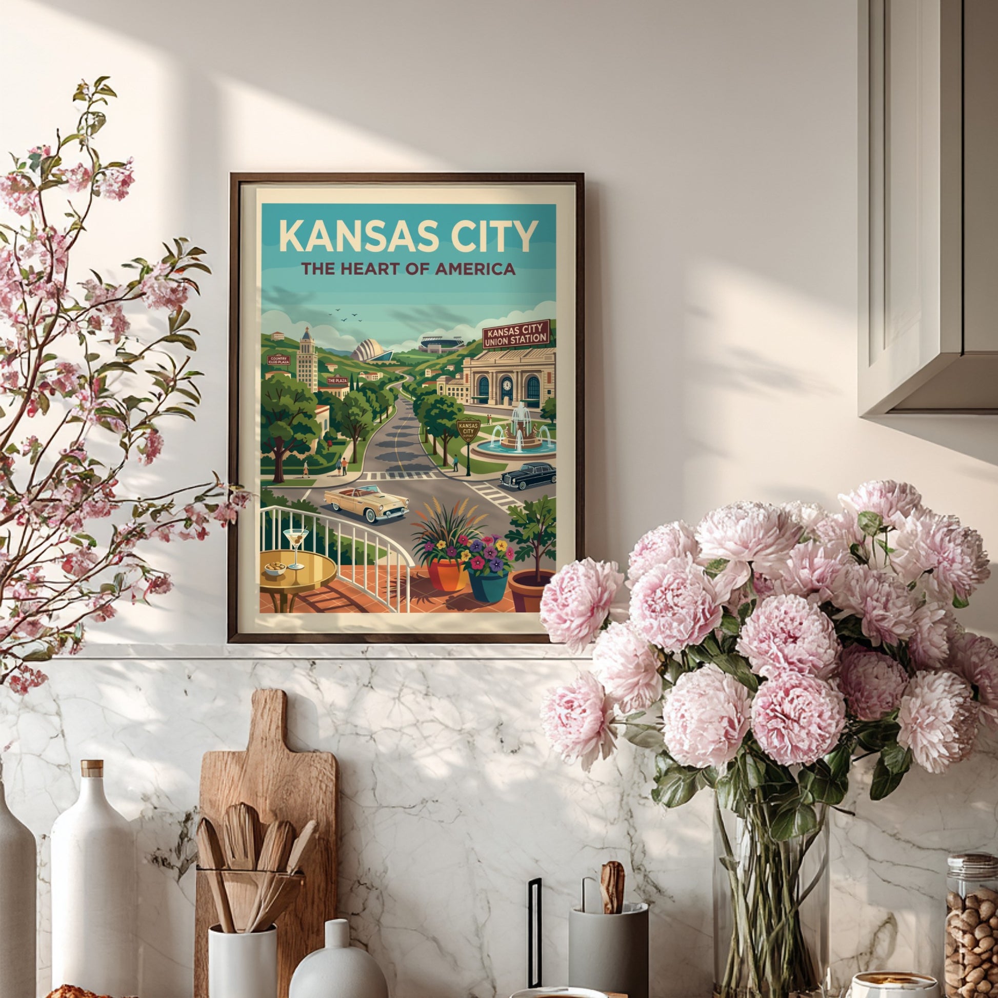 Vintage Kansas City skyline poster with retro cars, Union Station, and a fountain in a warm color palette.