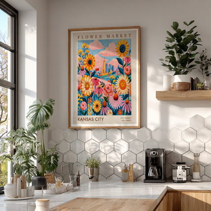 Flower market poster featuring colorful flowers and Kansas City skyline in vibrant colors