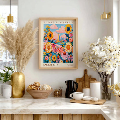 Flower market poster featuring colorful flowers and Kansas City skyline in vibrant colors