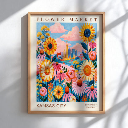 Flower market poster featuring colorful flowers and Kansas City skyline in vibrant colors