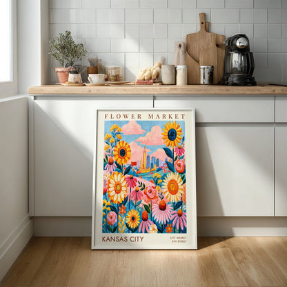 Flower market poster featuring colorful flowers and Kansas City skyline in vibrant colors