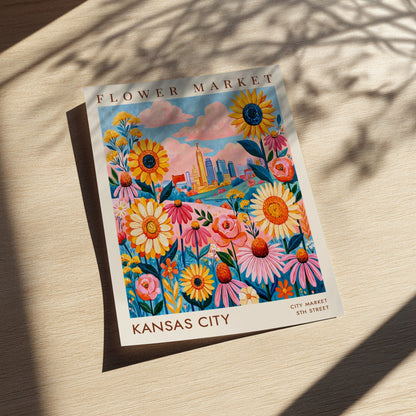 Flower market poster featuring colorful flowers and Kansas City skyline in vibrant colors