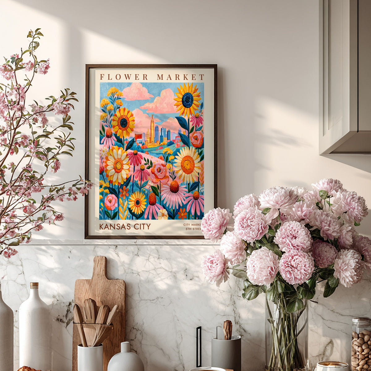 Flower market poster featuring colorful flowers and Kansas City skyline in vibrant colors