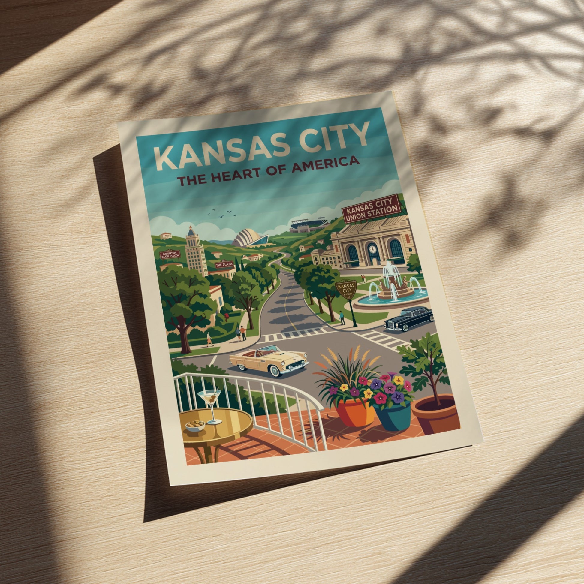 Vintage Kansas City skyline poster with retro cars, Union Station, and a fountain in a warm color palette.