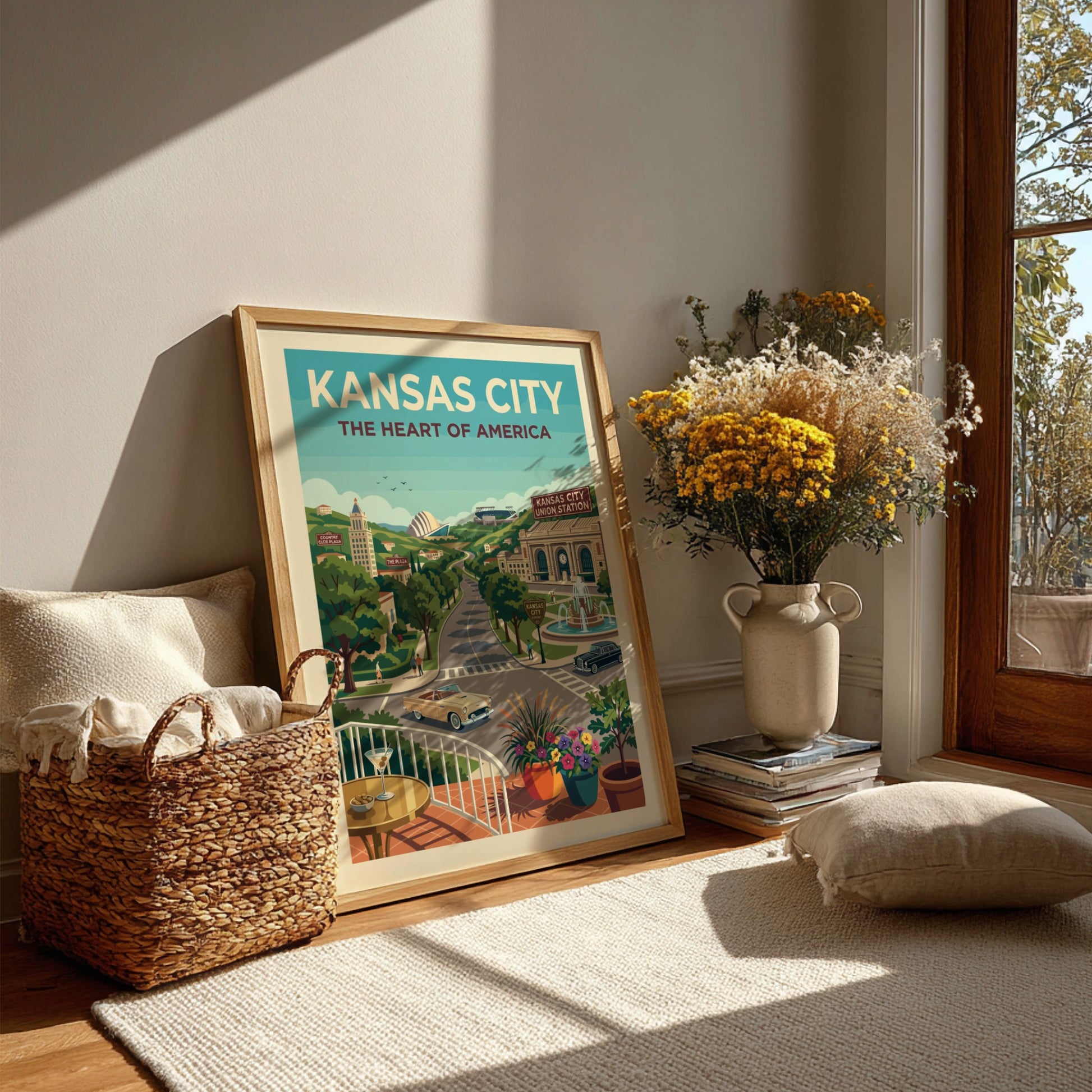 Vintage Kansas City skyline poster with retro cars, Union Station, and a fountain in a warm color palette.
