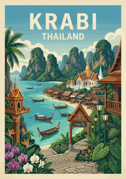 Vintage Krabi Thailand travel poster featuring limestone karsts and turquoise waters, framed in a bedroom.