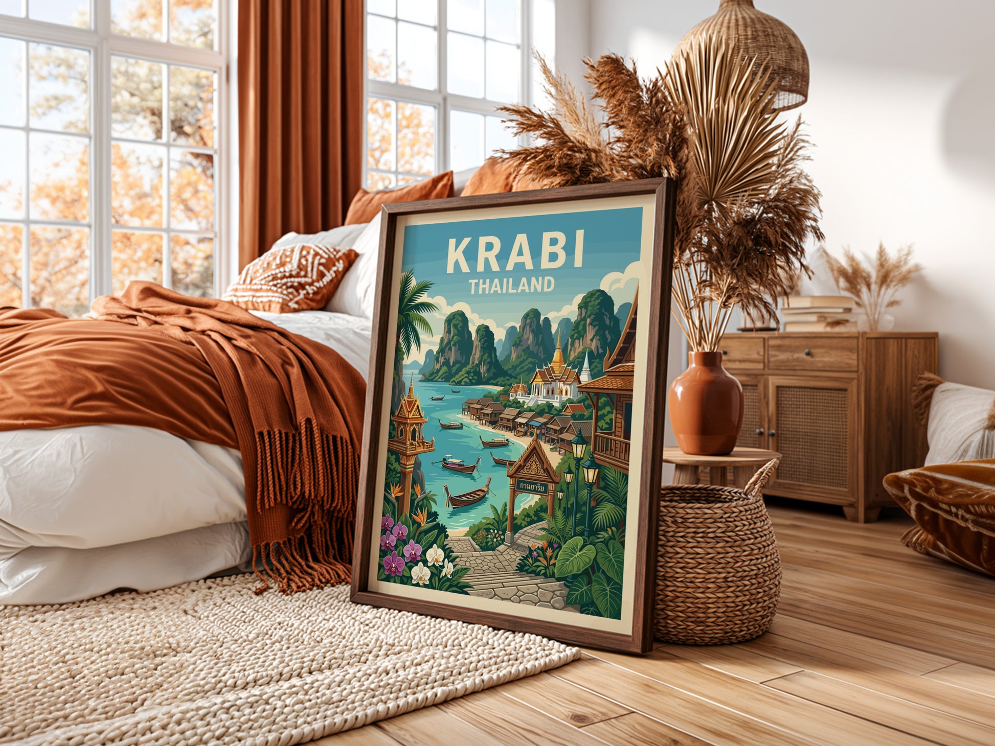 Vintage Krabi Thailand travel poster featuring limestone karsts and turquoise waters, framed in a bedroom.
