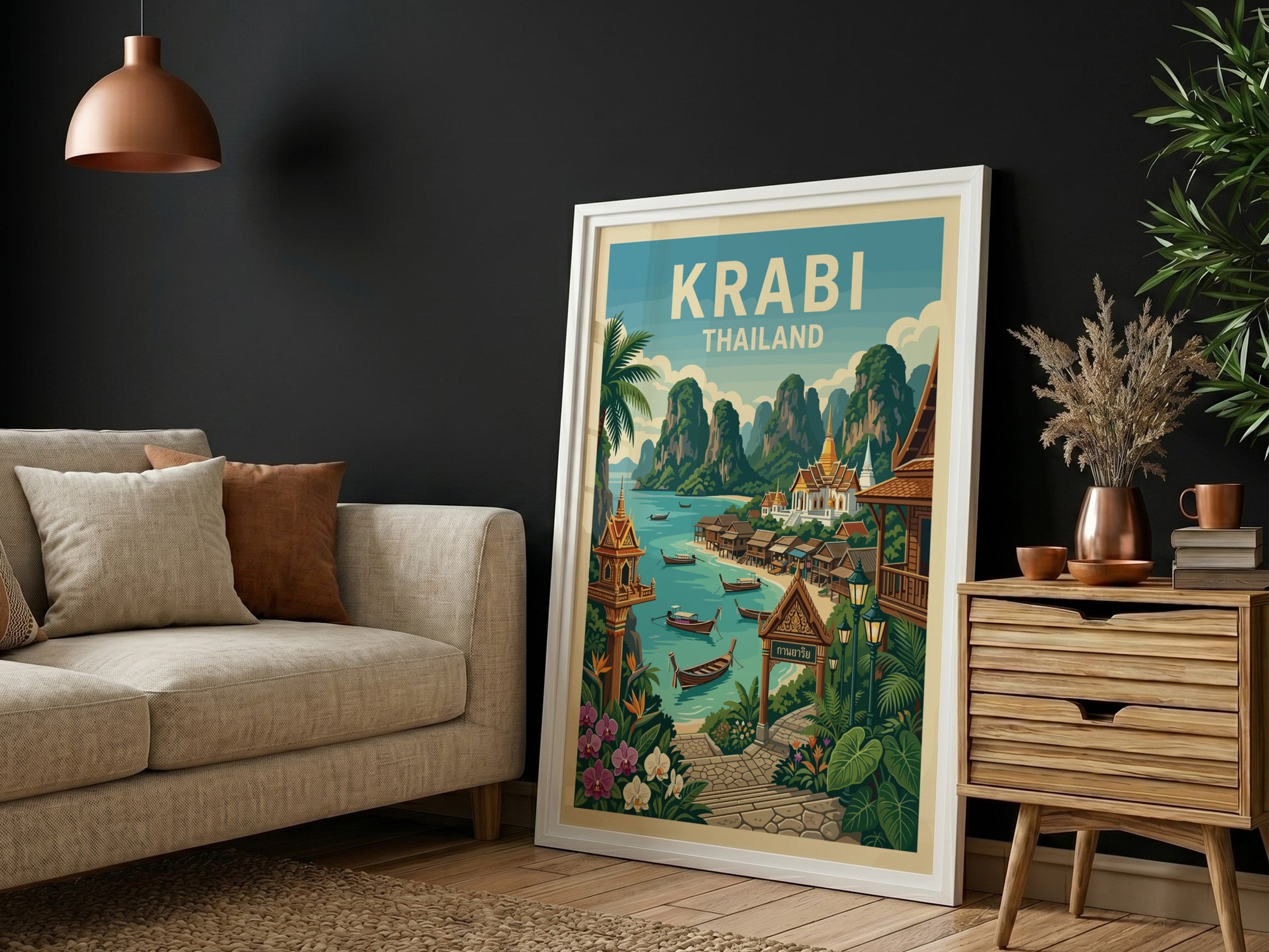 Vintage Krabi Thailand travel poster featuring limestone karsts and turquoise waters, framed in a bedroom.