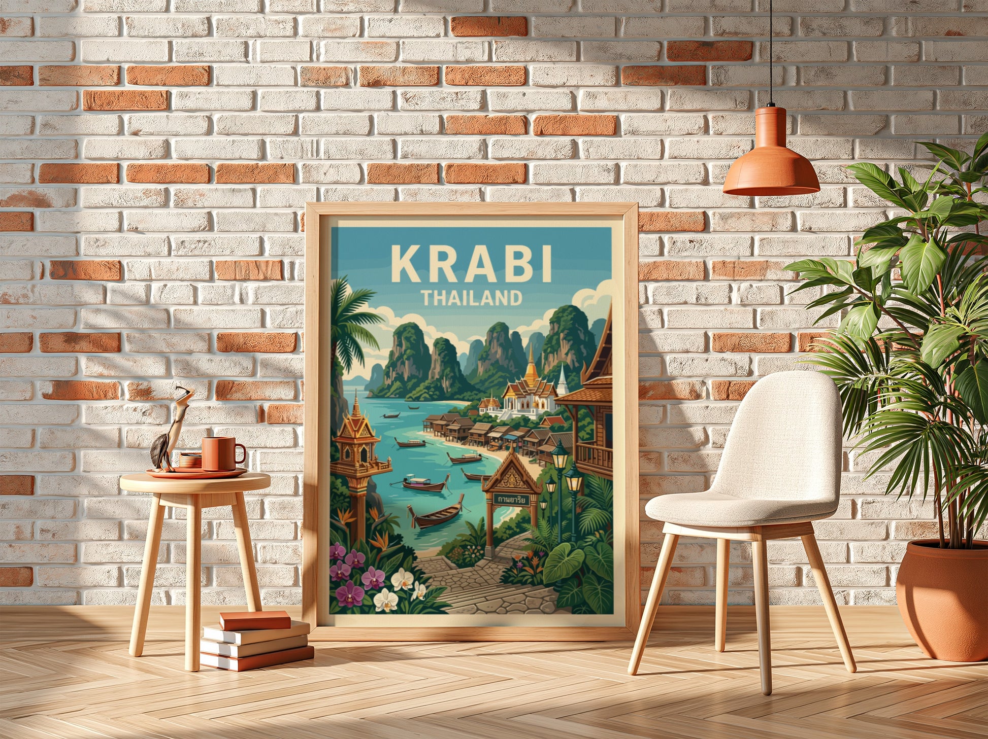Vintage Krabi Thailand travel poster featuring limestone karsts and turquoise waters, framed in a bedroom.