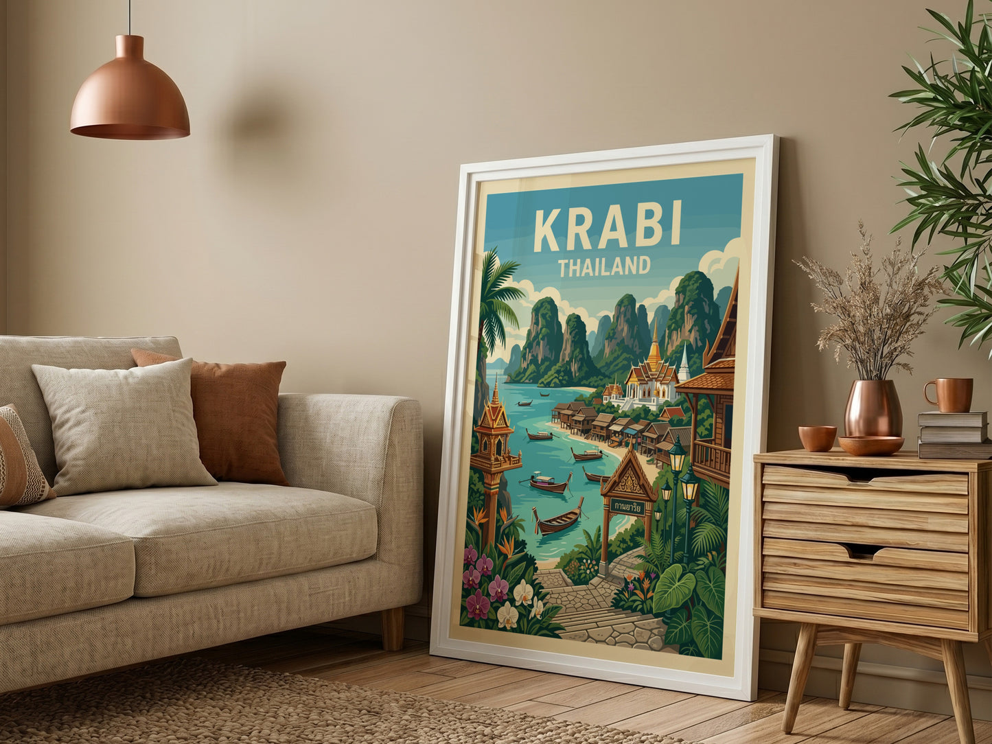Vintage Krabi Thailand travel poster featuring limestone karsts and turquoise waters, framed in a bedroom.