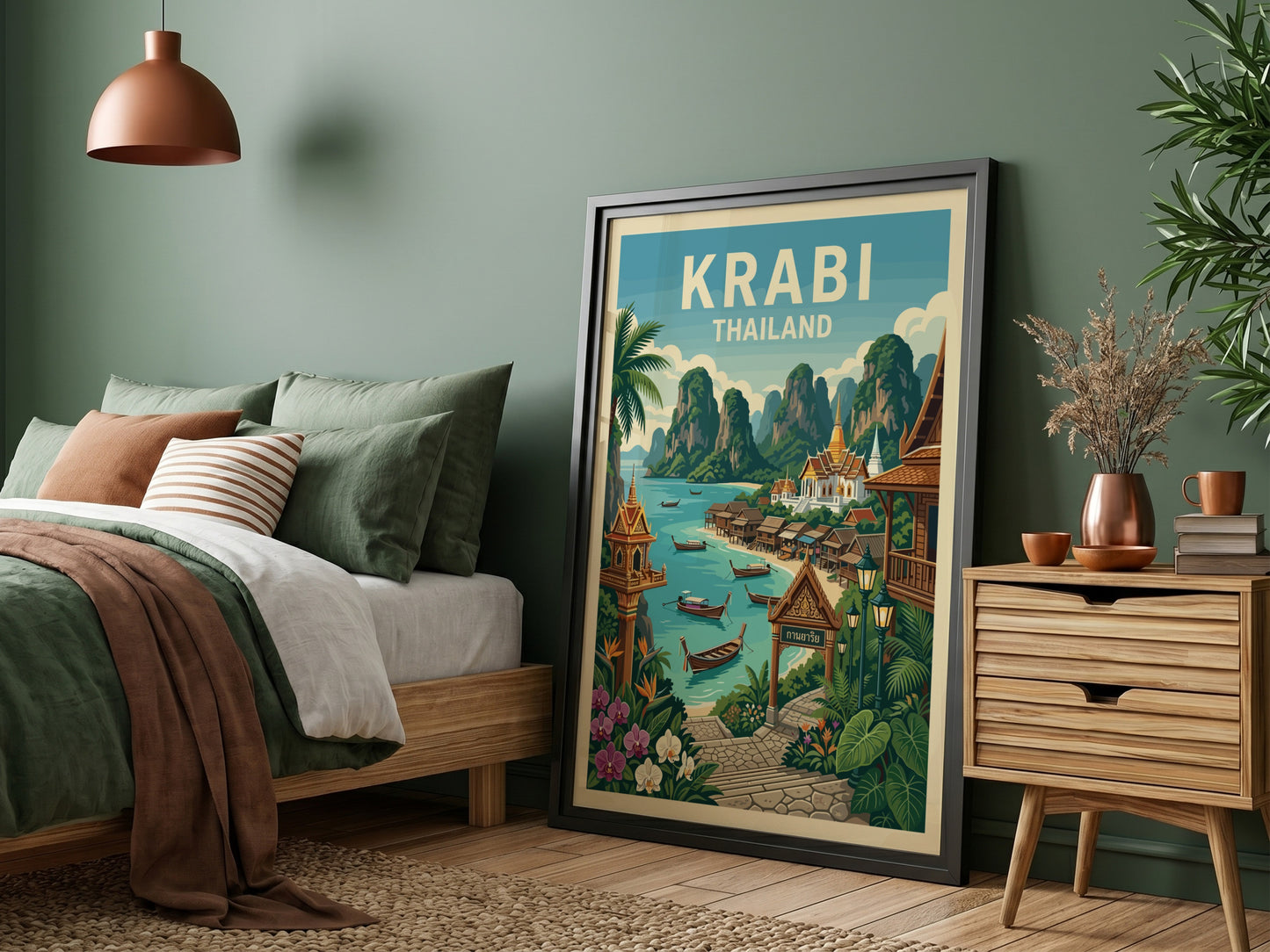 Vintage Krabi Thailand travel poster featuring limestone karsts and turquoise waters, framed in a bedroom.