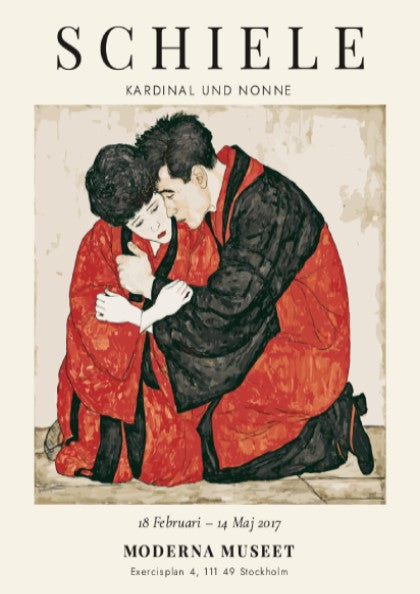 Egon Schiele exhibition poster featuring Kardinal und Nonne, showcasing bold colors and expressionist style.