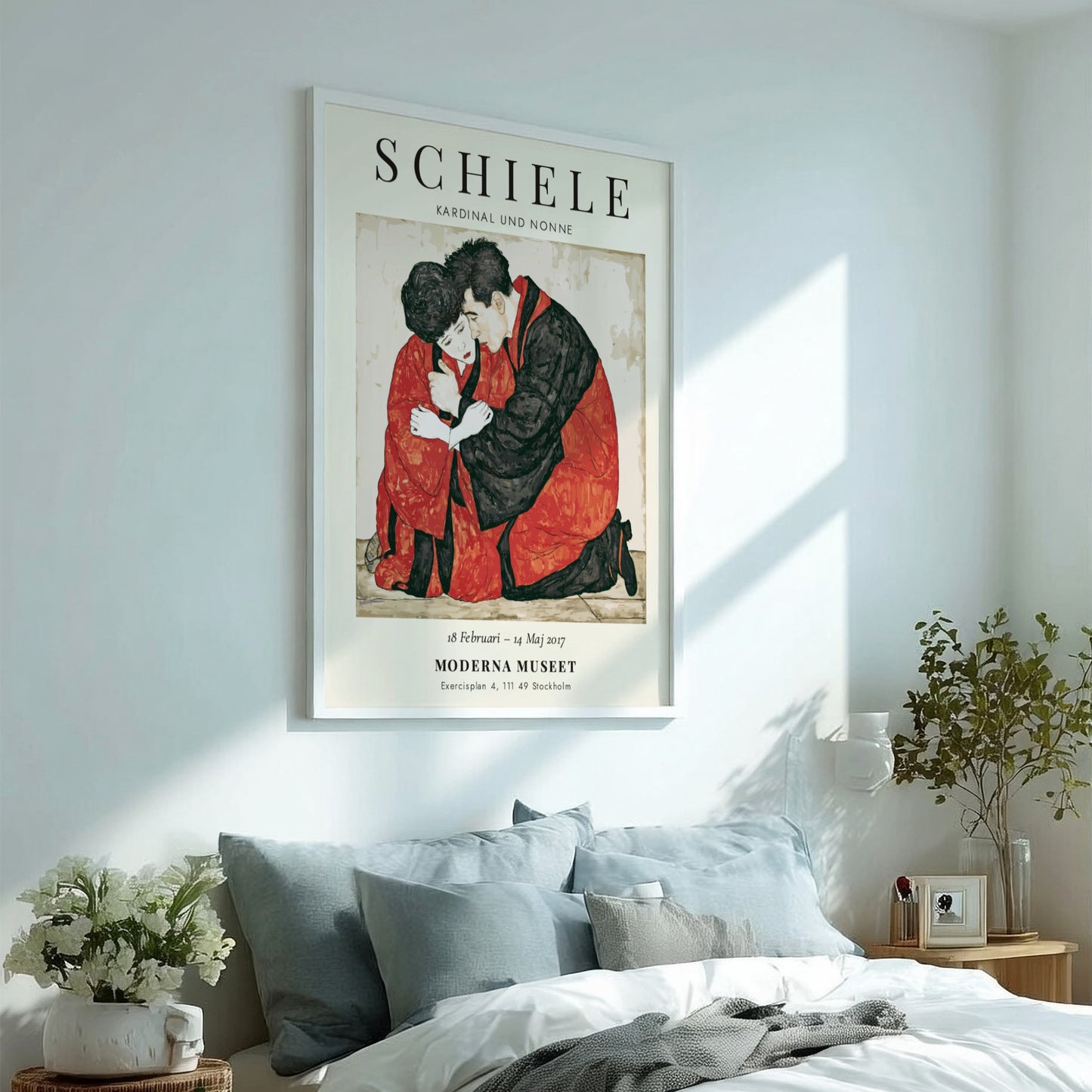 Egon Schiele exhibition poster featuring Kardinal und Nonne, showcasing bold colors and expressionist style.