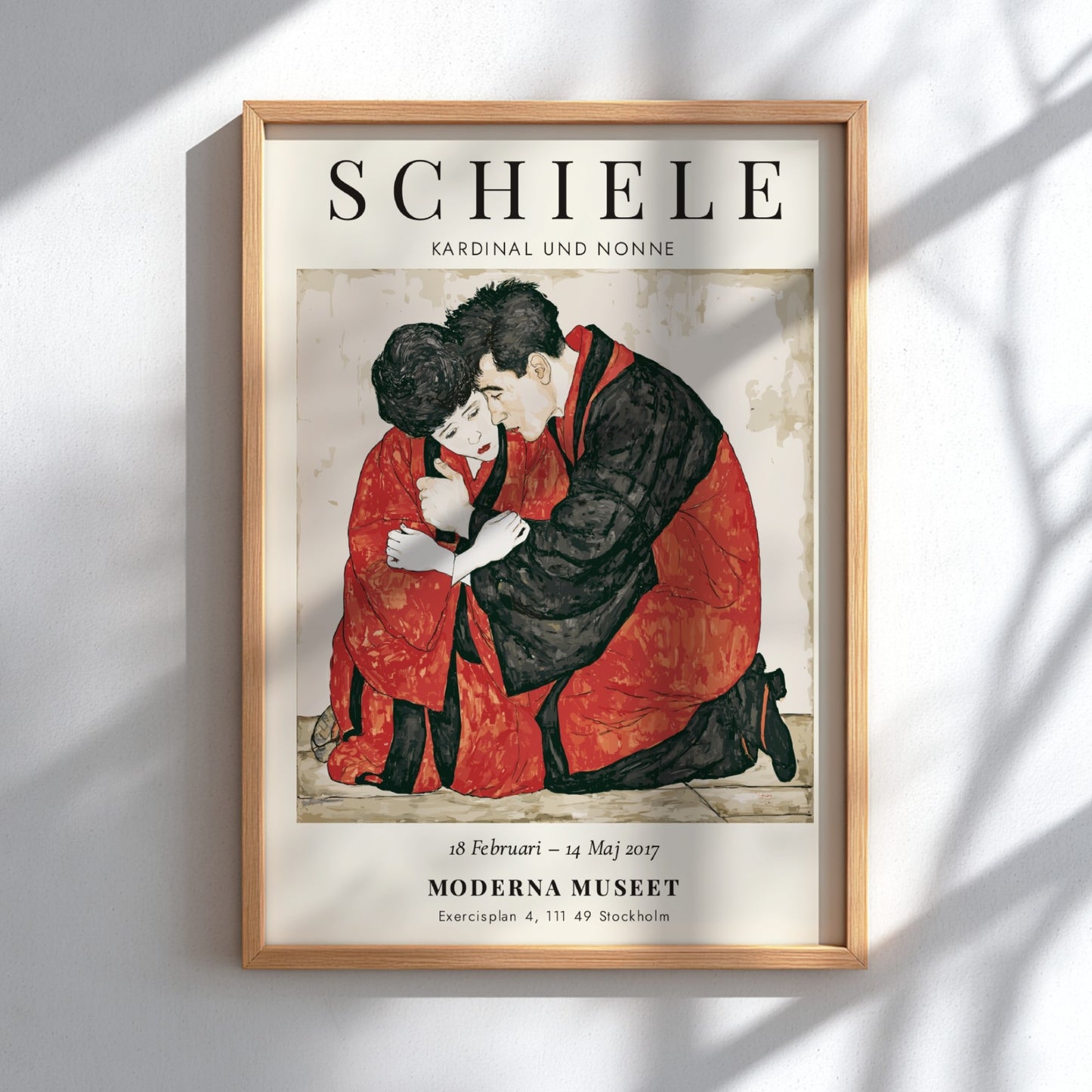 Egon Schiele exhibition poster featuring Kardinal und Nonne, showcasing bold colors and expressionist style.
