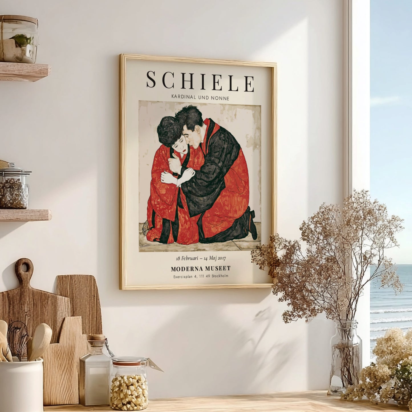 Egon Schiele exhibition poster featuring Kardinal und Nonne, showcasing bold colors and expressionist style.