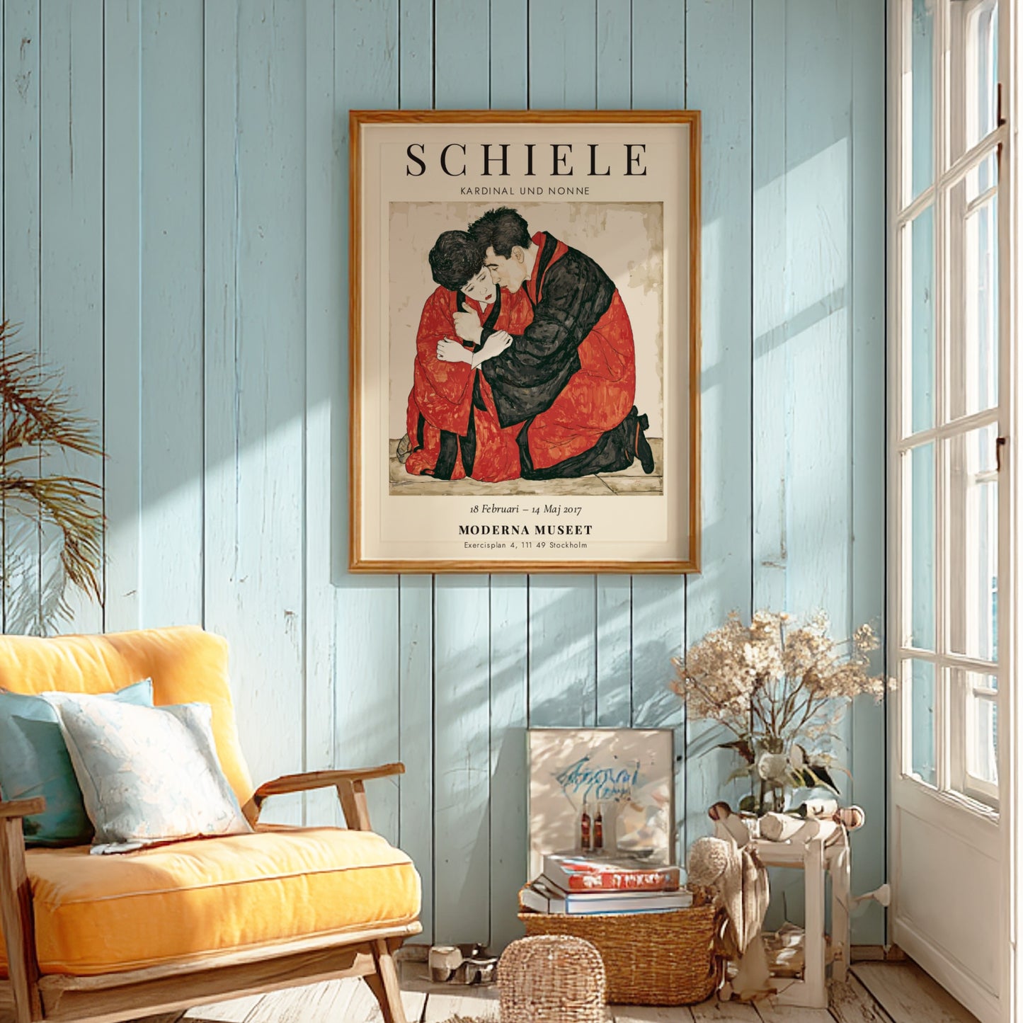 Egon Schiele exhibition poster featuring Kardinal und Nonne, showcasing bold colors and expressionist style.