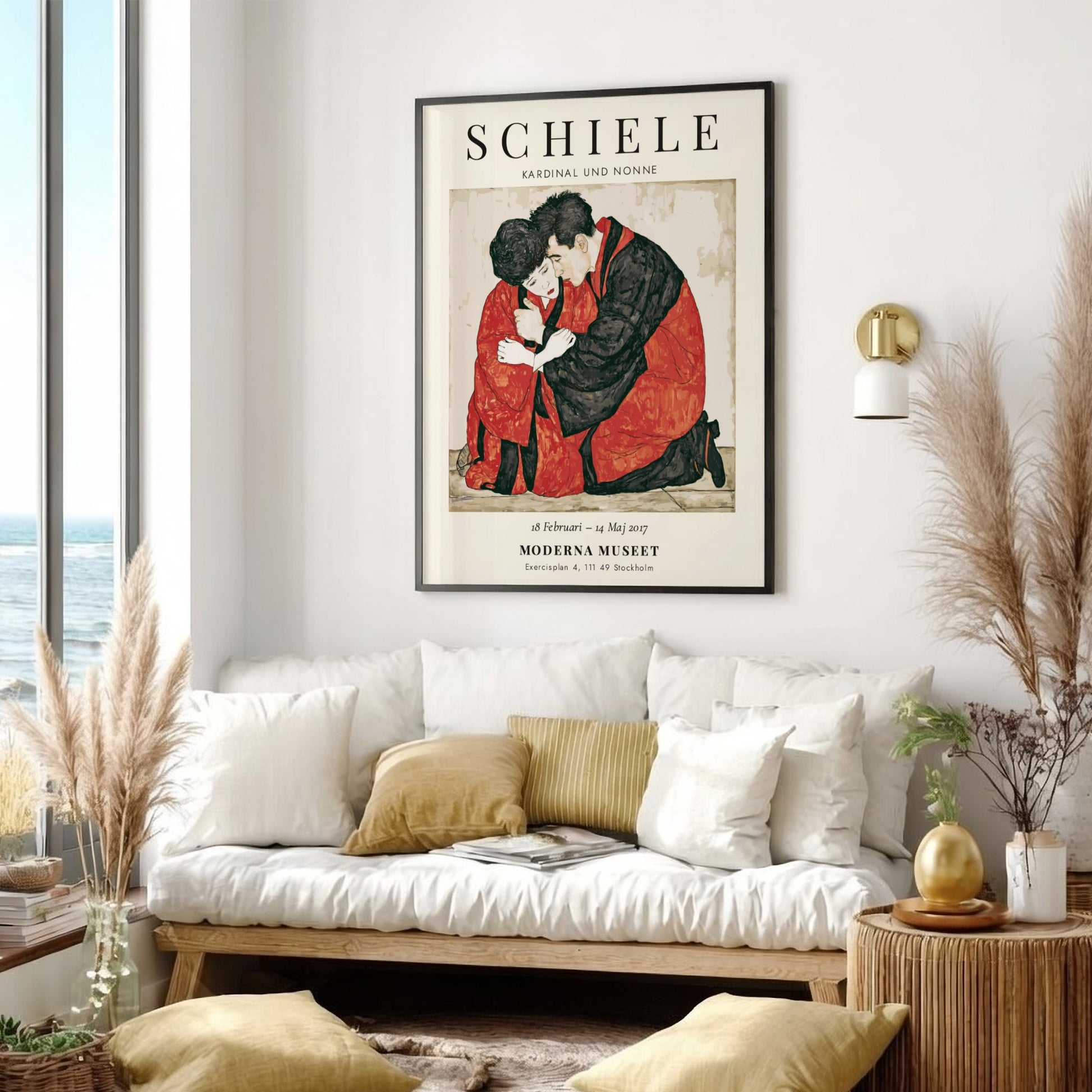 Egon Schiele exhibition poster featuring Kardinal und Nonne, showcasing bold colors and expressionist style.
