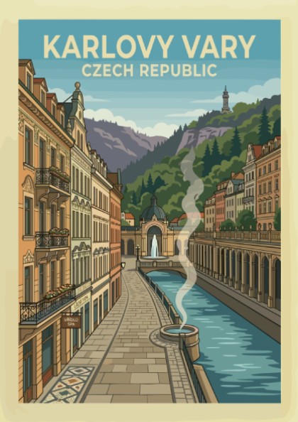 Vintage Karlovy Vary travel poster featuring European architecture, river, and hills in a warm, muted palette.