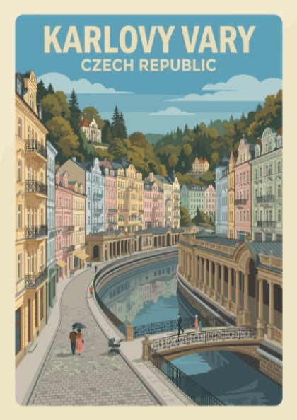 Poster of Karlovy Vary Czech Republic featuring colorful riverside buildings and cobblestone streets.