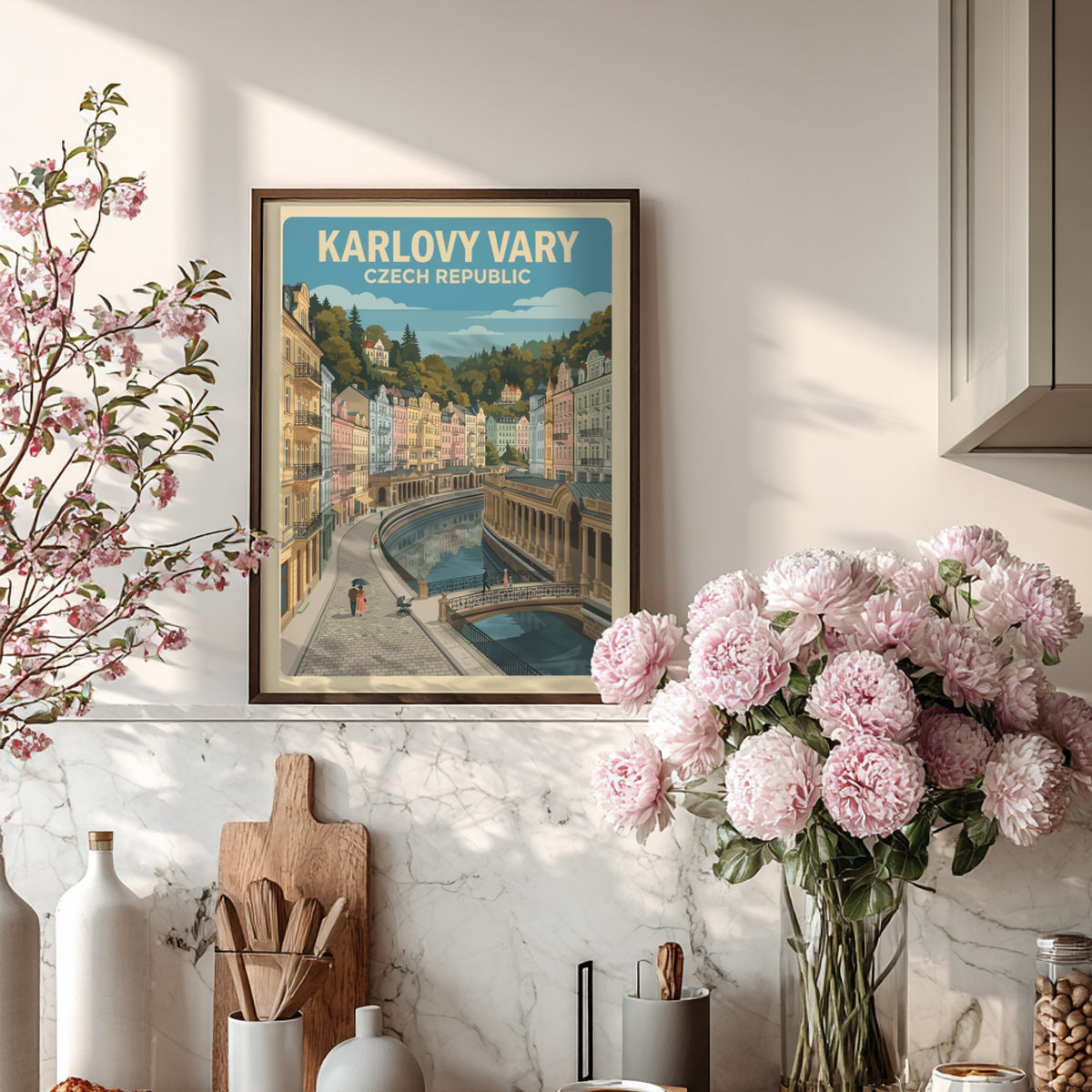 Poster of Karlovy Vary Czech Republic featuring colorful riverside buildings and cobblestone streets.
