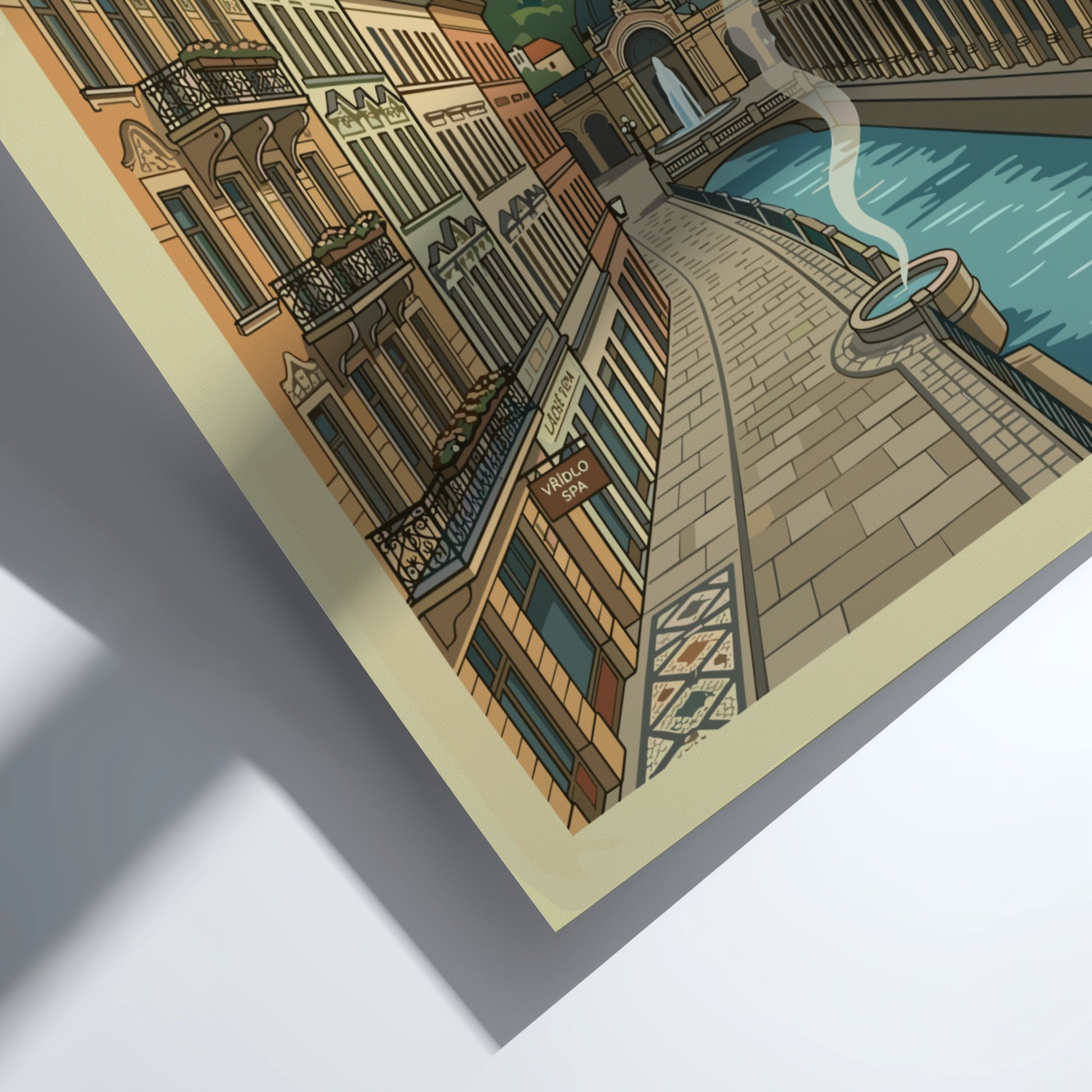 Vintage Karlovy Vary travel poster featuring European architecture, river, and hills in a warm, muted palette.
