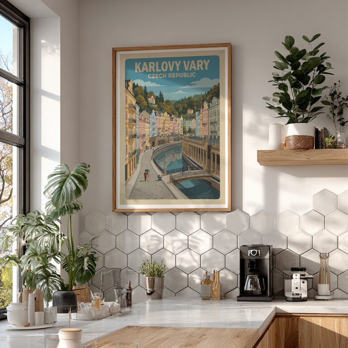 Poster of Karlovy Vary Czech Republic featuring colorful riverside buildings and cobblestone streets.