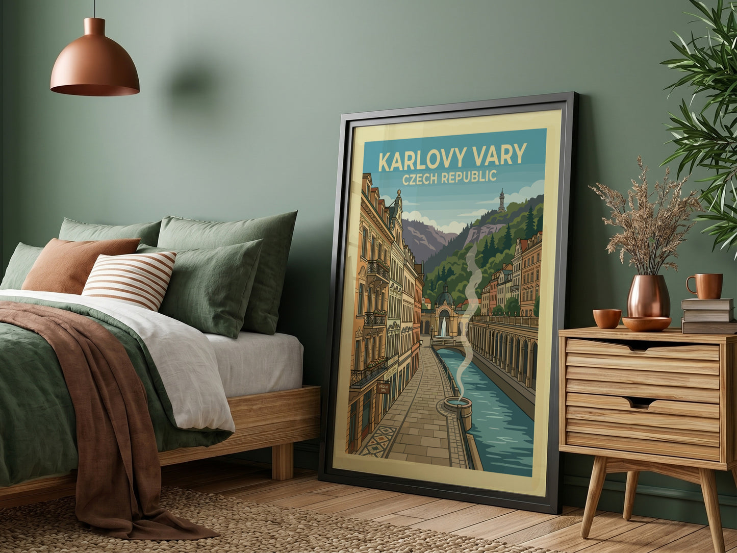 Vintage Karlovy Vary travel poster featuring European architecture, river, and hills in a warm, muted palette.