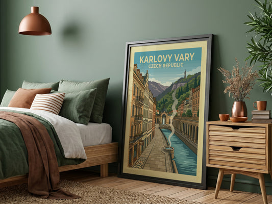 Vintage Karlovy Vary travel poster featuring European architecture, river, and hills in a warm, muted palette.