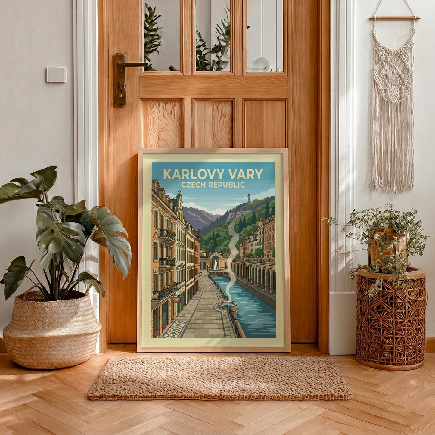 Vintage Karlovy Vary travel poster featuring European architecture, river, and hills in a warm, muted palette.