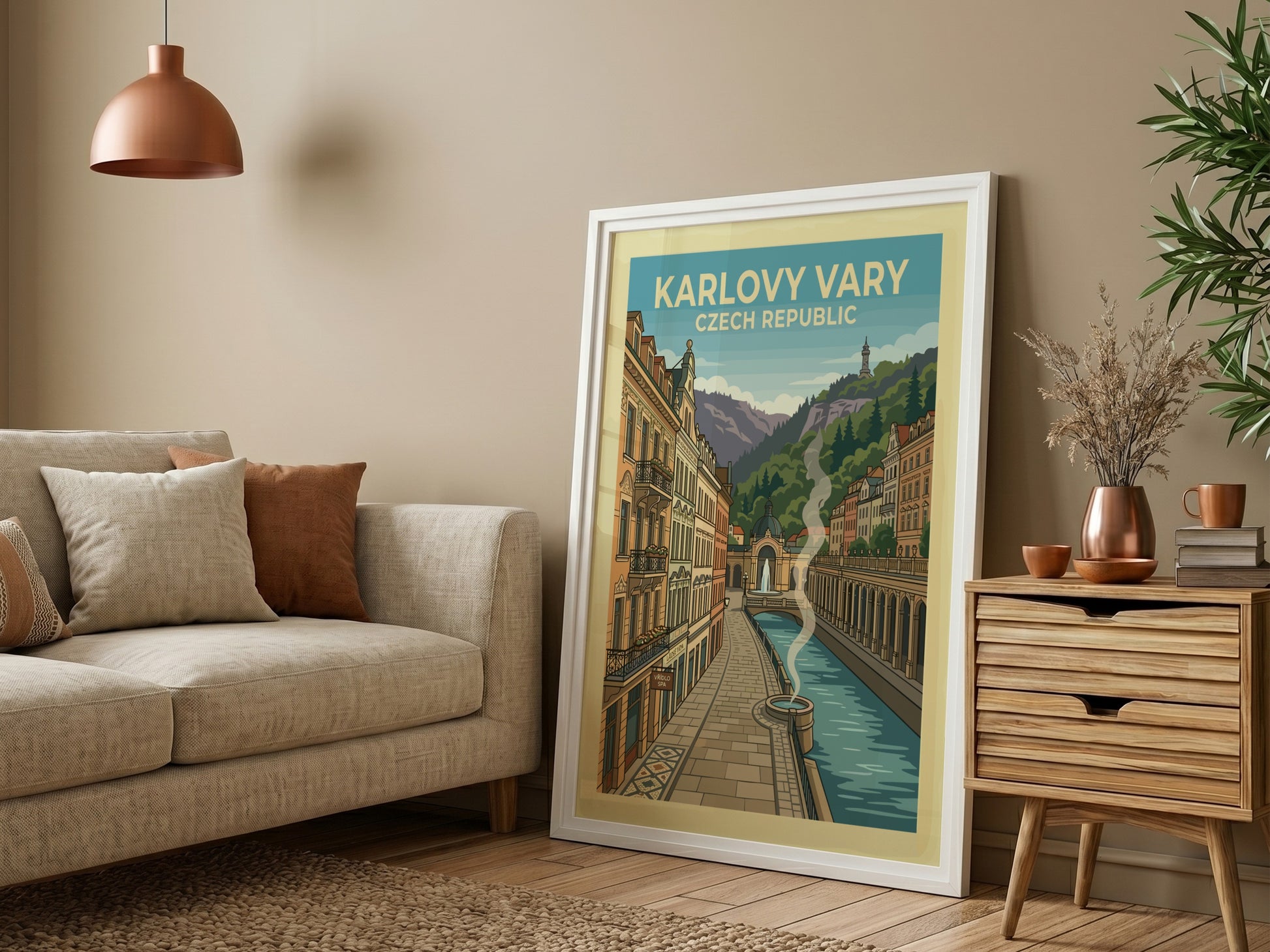 Vintage Karlovy Vary travel poster featuring European architecture, river, and hills in a warm, muted palette.