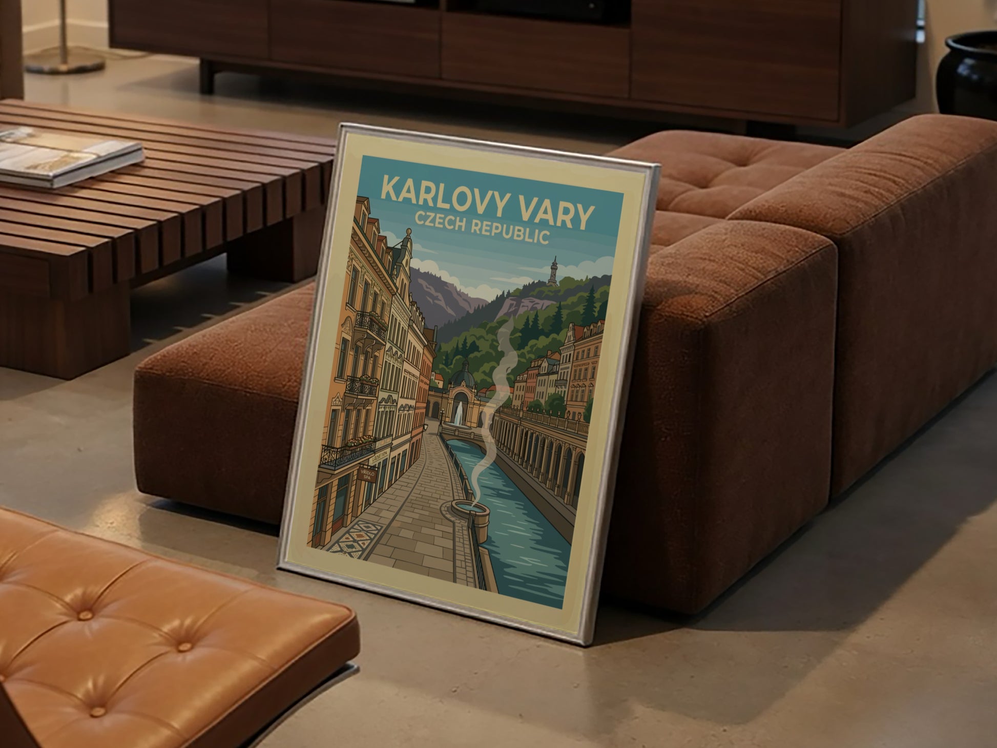 Vintage Karlovy Vary travel poster featuring European architecture, river, and hills in a warm, muted palette.