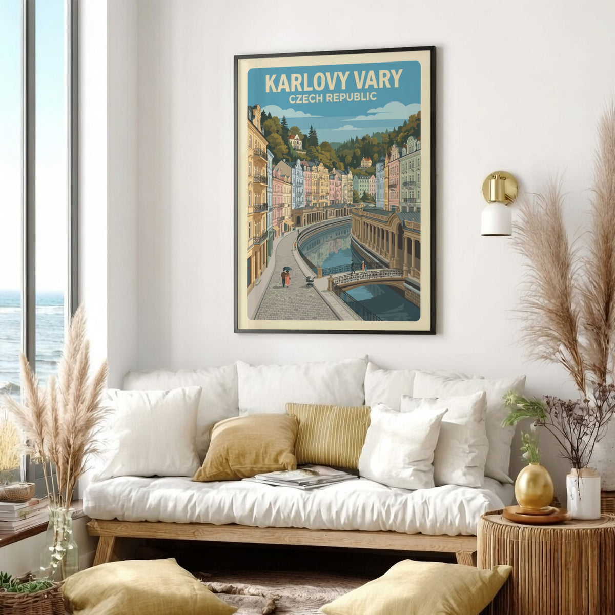 Poster of Karlovy Vary Czech Republic featuring colorful riverside buildings and cobblestone streets.