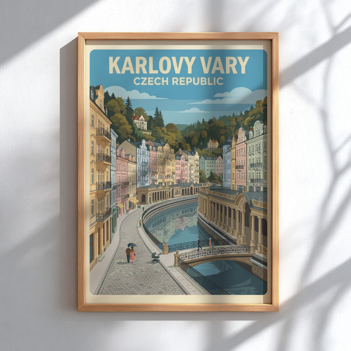 Poster of Karlovy Vary Czech Republic featuring colorful riverside buildings and cobblestone streets.