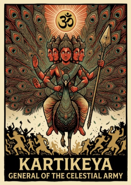 Kartikeya poster featuring a multi-headed deity on a peacock with the Om symbol