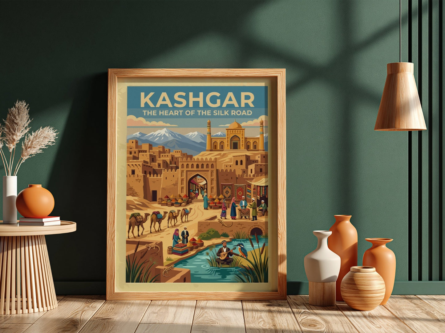 Travel poster of Kashgar featuring mud brick buildings, a busy market, and mountains.