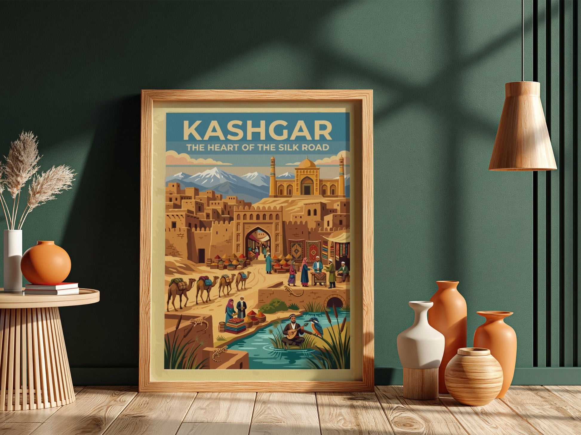 Travel poster of Kashgar featuring mud brick buildings, a busy market, and mountains.