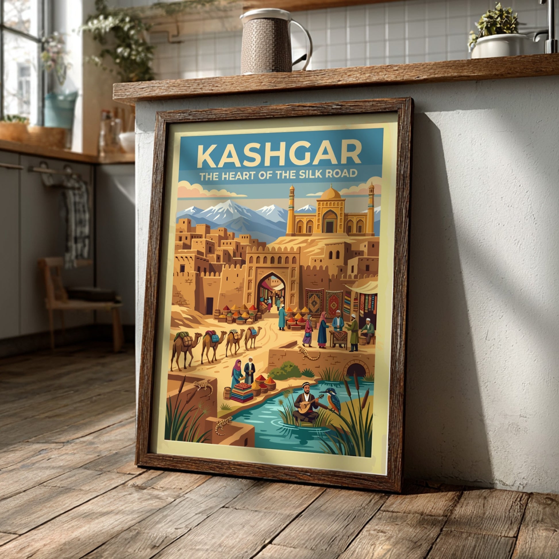 Travel poster of Kashgar featuring mud brick buildings, a busy market, and mountains.