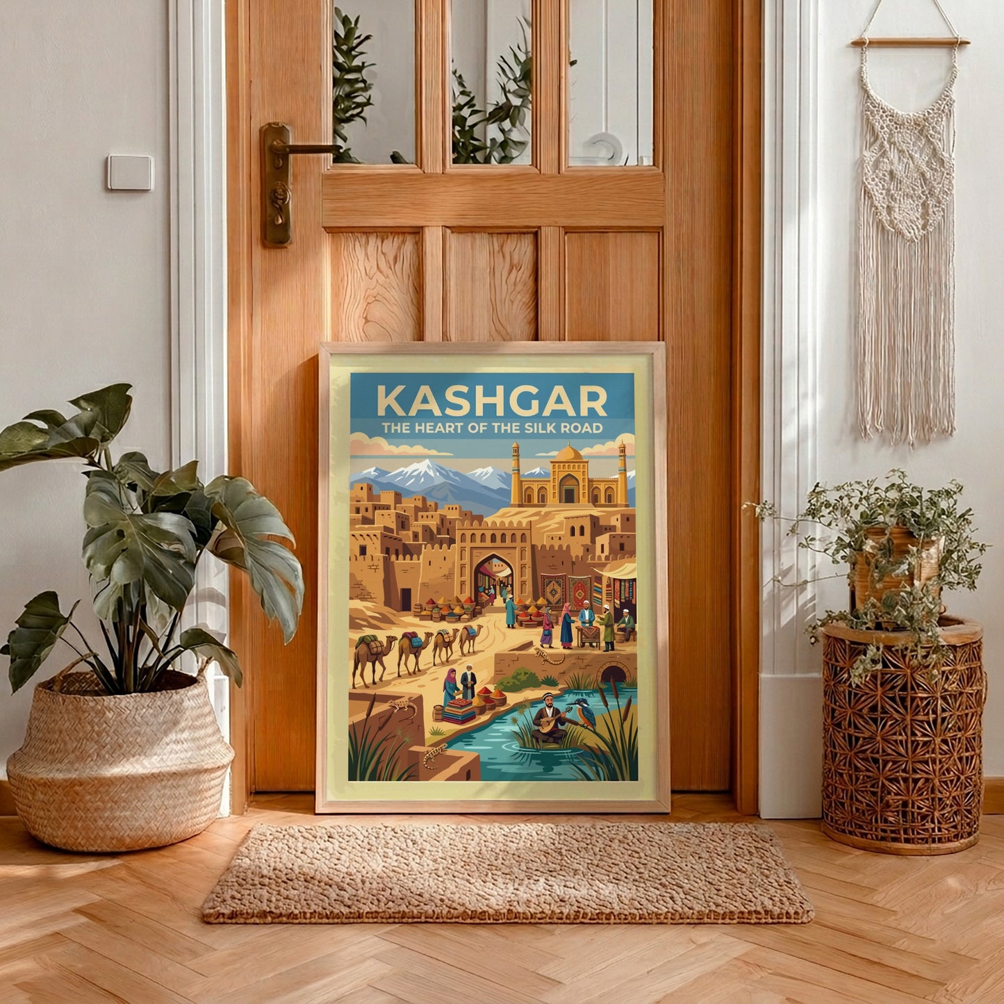 Travel poster of Kashgar featuring mud brick buildings, a busy market, and mountains.