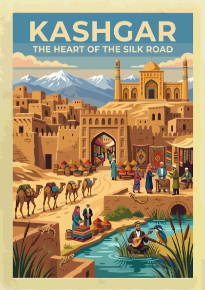 Travel poster of Kashgar featuring mud brick buildings, a busy market, and mountains.