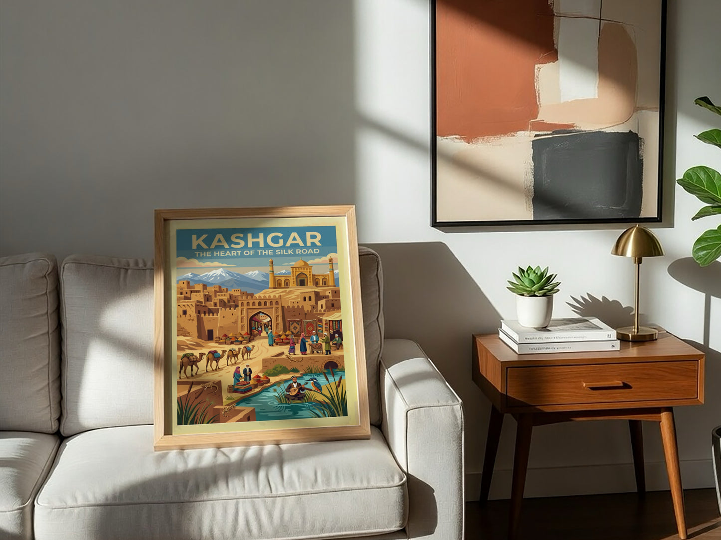 Travel poster of Kashgar featuring mud brick buildings, a busy market, and mountains.
