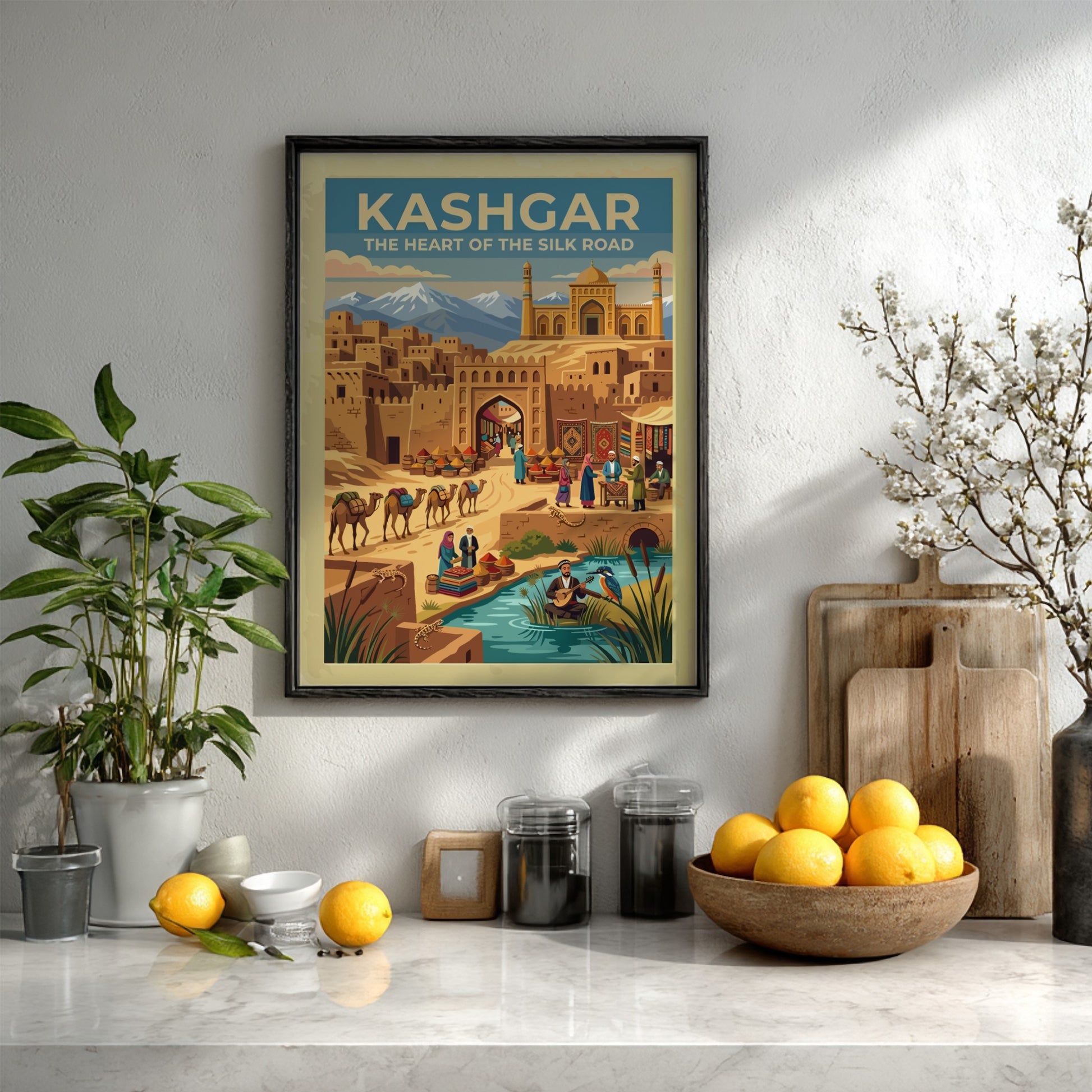 Travel poster of Kashgar featuring mud brick buildings, a busy market, and mountains.