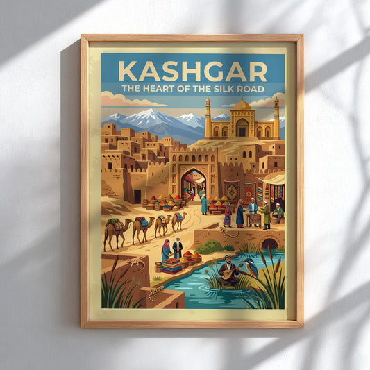 Travel poster of Kashgar featuring mud brick buildings, a busy market, and mountains.