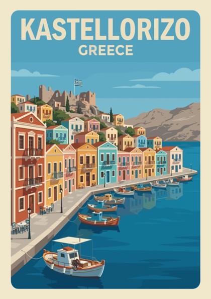 Poster of Kastellorizo Greece showing colorful Mediterranean harbor houses and boats in water.