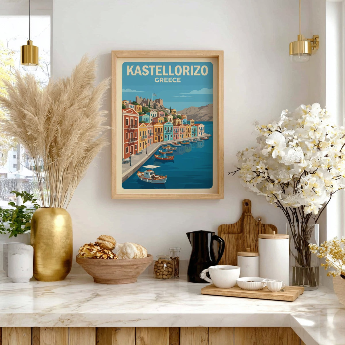 Poster of Kastellorizo Greece showing colorful Mediterranean harbor houses and boats in water.