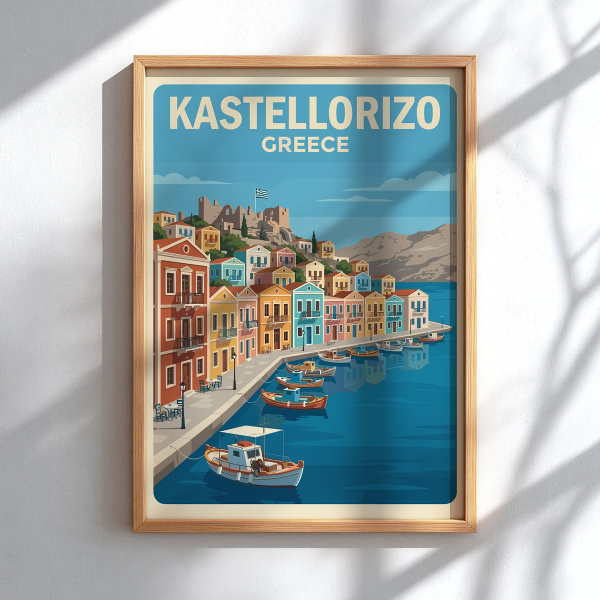 Poster of Kastellorizo Greece showing colorful Mediterranean harbor houses and boats in water.