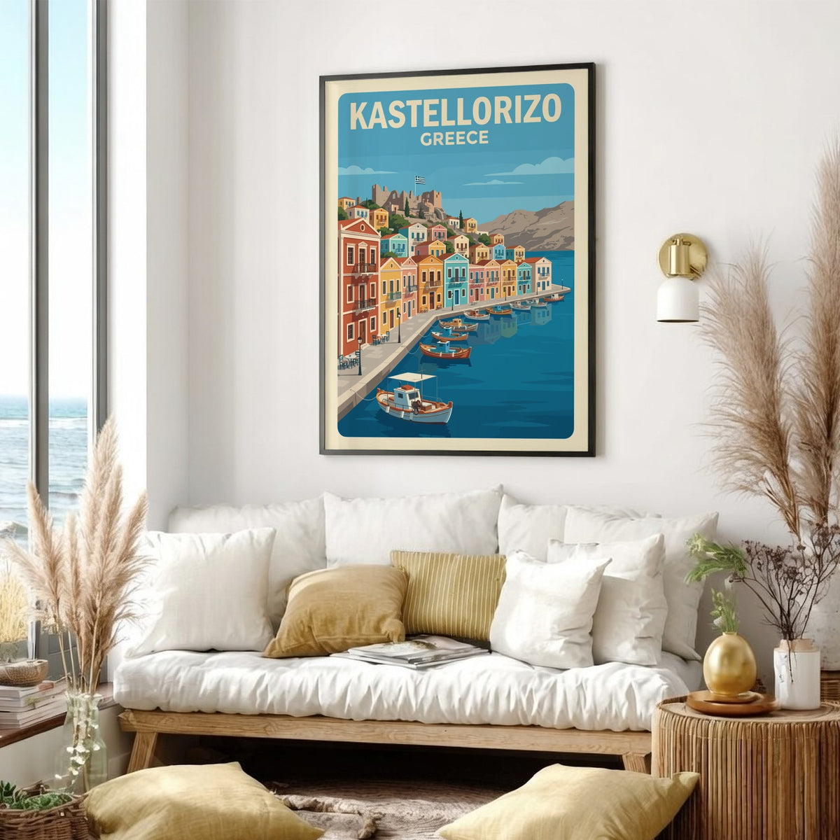 Poster of Kastellorizo Greece showing colorful Mediterranean harbor houses and boats in water.