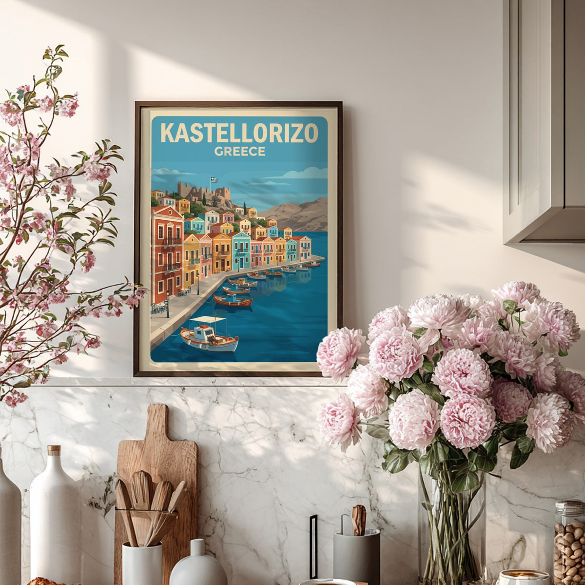 Poster of Kastellorizo Greece showing colorful Mediterranean harbor houses and boats in water.